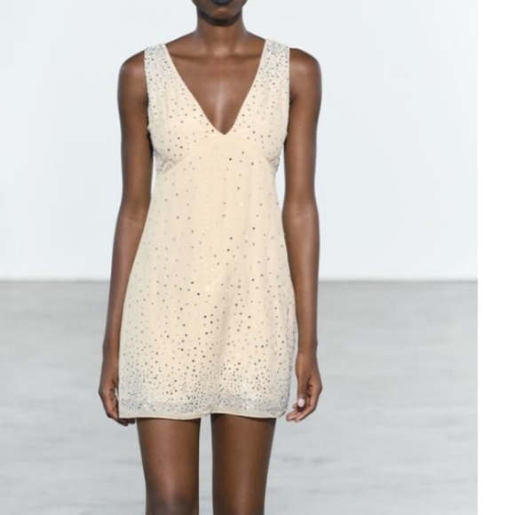 Zara Dresses & Skirts - Zara ZW Collection Sparkly Rhinestones Cream Sleeveless Mini Dress Sz-L